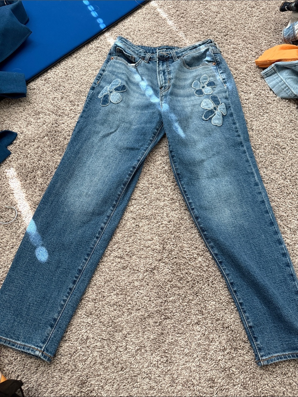 Old Navy Blue Straight-Leg Jeans with Floral Patches